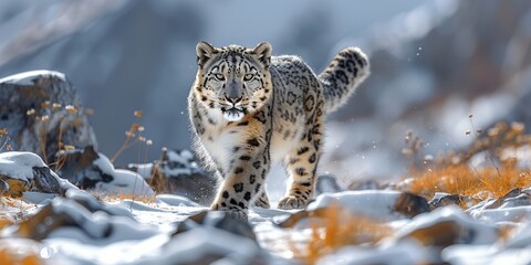  snow leopard prowling through rocky terrain 