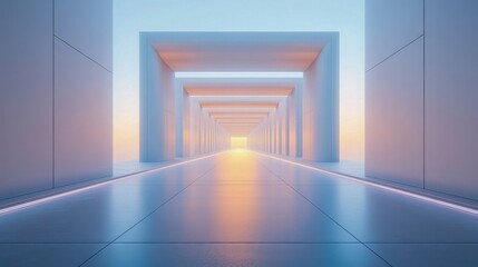 Fototapeta premium Futuristic corridor with glowing lights in modern architectural design at dusk