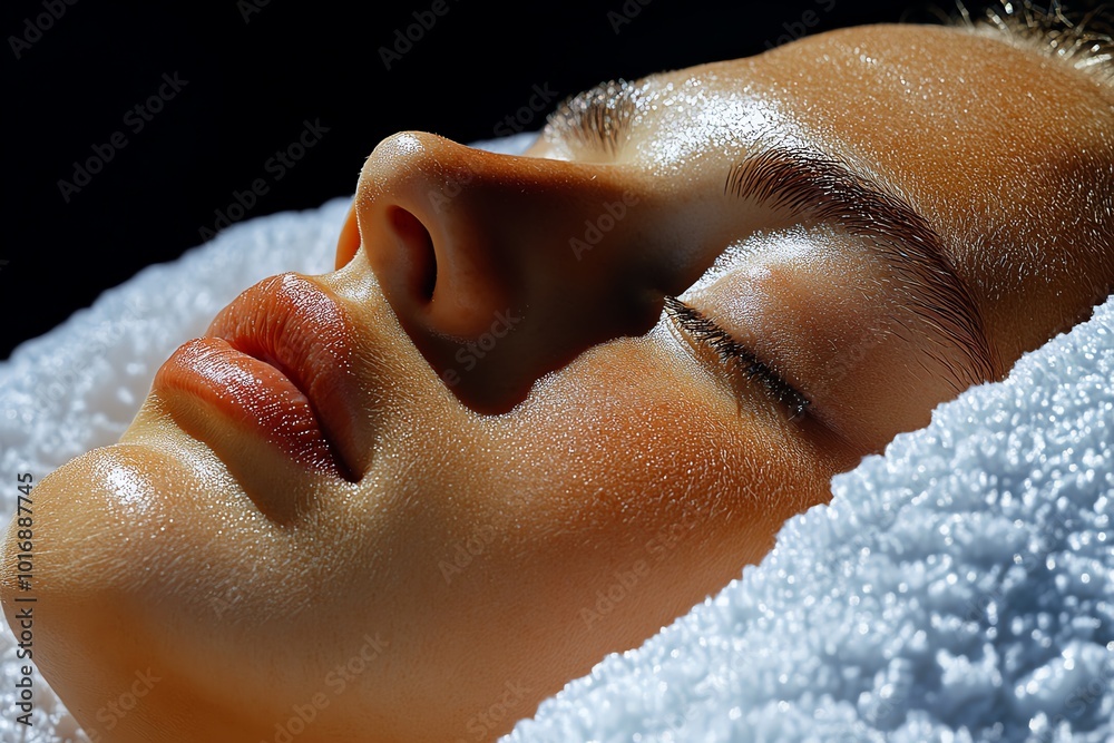 Poster hyper-realistic close-up of a personâ€™s face in deep sleep, with every detail of their relaxed faci