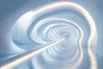 Obraz premium futuristic 3d room with a white abstract space theme illuminated by neon lights creating an immersive corridorlike experience ideal for showcasing advanced technology and innovation