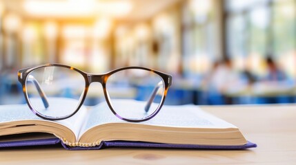 Eyeglasses resting on open book in bright classroom setting