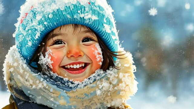 A young girl smiles brightly, her cheeks flushed with cold, as she enjoys a snowy day