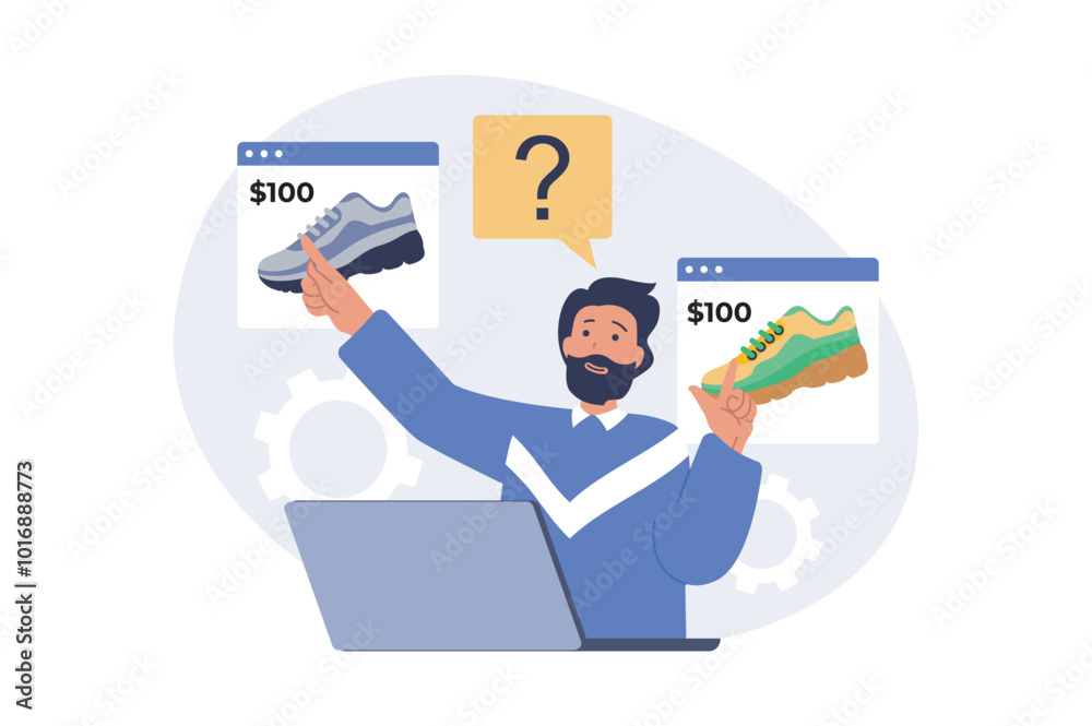 Aufkleber shopping concept in modern flat design for web. man choosing new sneakers at internet store using la