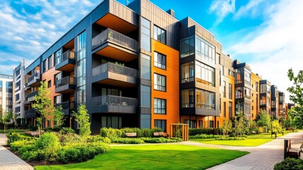 New modern block of flats in green area. residential apartment with flat buildings exterior. luxury house complex. Part of City Real estate property, condo architecture. apartment insurance concept