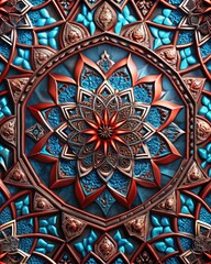 Fototapeta premium Ornate red and blue stained glass with intricate details.