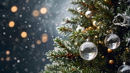 Festive Christmas Tree With Glittering Ornaments and Snowfall