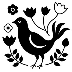 Stylized Bird Surrounded by Roses and Tulips with Decorative Branches