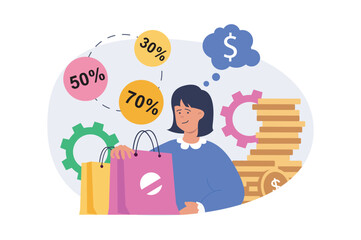Shopping concept in modern flat design for web. Woman with bags making bargain purchases with special prices and discounts at promotion sales, paying orders and saving money. Vector illustration.