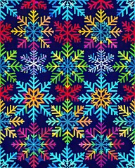 Brightly colored snowflake pattern on a dark background.