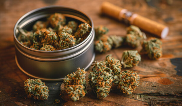 A tin container filled with dried cannabis buds sits on a rustic wooden table, alongside a pre-rolled joint, showcasing recreational and medicinal marijuana.
