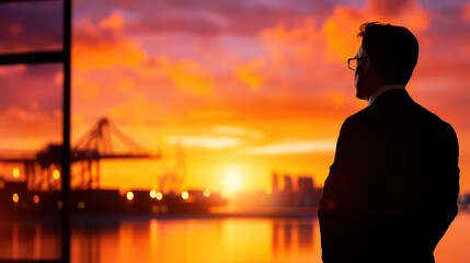 Businessman Silhouette Against Vibrant Sunset Background
