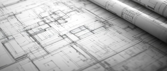 Paper architectural drawings and blueprint