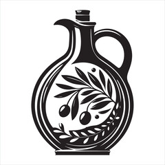 In this minimalist black linear sketch, a glass bottle jug is shown holding olive oil silhouette on white background
