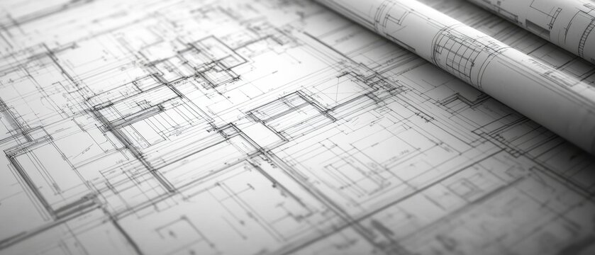 Paper architectural drawings and blueprint