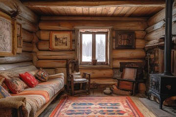 Cozy living room interior in rustic log cabin with wooden furniture