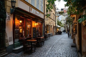 Fototapeta premium Cobblestone street leading to charles bridge at twilight in prague czech republic