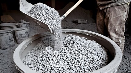 Cement Dust Cloud: A worker shovels dry cement into a mixer, creating a billowing cloud of fine particles. The scene epitomizes construction activity. 