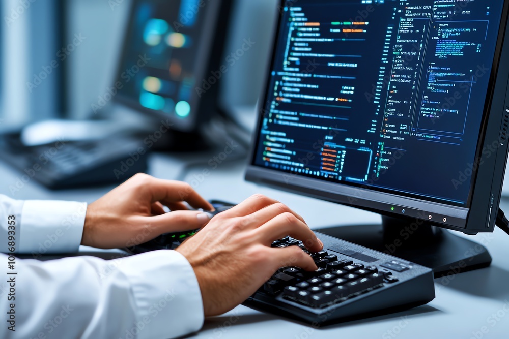 Aufkleber Hyper-realistic depiction of a person using an old computer with a CRT monitor, capturing every detail of the keyboard and screen, representing early tech trends
