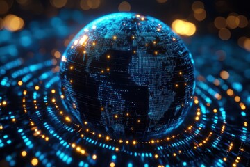futuristic cgi representation of a world globe showcasing stylish digital connections in vibrant blue tones symbolizing global human connectivity and technological advancement