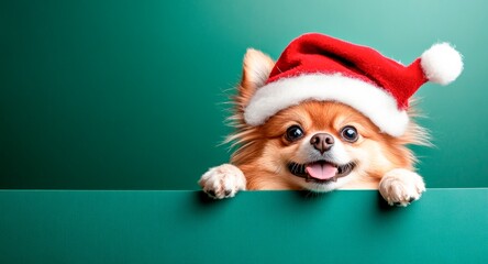 A dog  wearing a Santa hat, peeking over the edge of a green background and holding the side of a billboard with its two front legs only, christmas card banner wallpaper, copy space for text