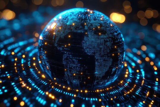 futuristic cgi representation of a world globe showcasing stylish digital connections in vibrant blue tones symbolizing global human connectivity and technological advancement