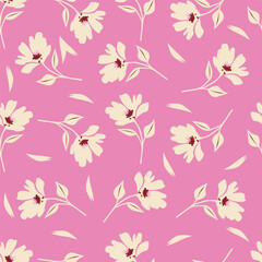 Seamless floral pattern, cute ditsy print with small pink flowers, leaves on purple background. Pretty botanical design for fabric, paper and other surfaces. Vector illustration.