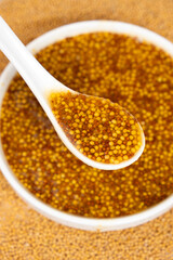 Traditional French Dijon mustard in a spoon on a white background