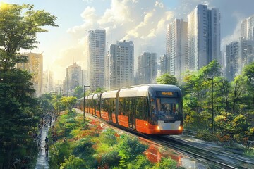 Obraz premium futuristic city planning sketch with vibrant green spaces sleek public transit and bustling pedestrian zones sustainable elements seamlessly integrated into urban design