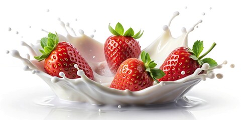 Milk or yogurt splash with strawberries isolated on white background