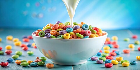 Milk pouring on colorful cereal bowl