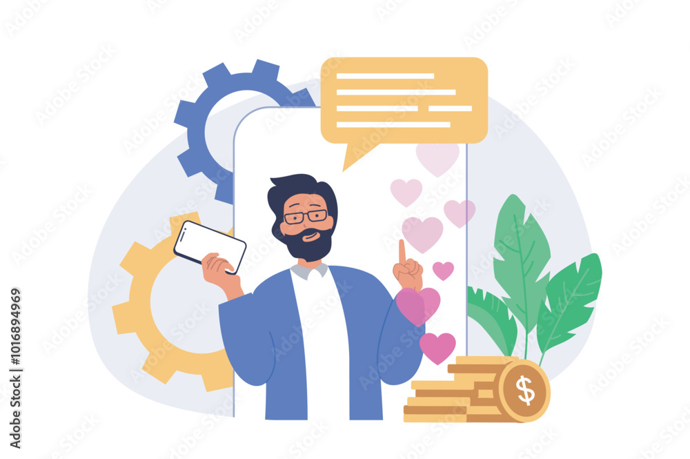 Poster Social network concept in modern flat design for web. Man making live broadcasting in blog, using online promotion tools, collecting likes from followers, getting monetization. Vector illustration.