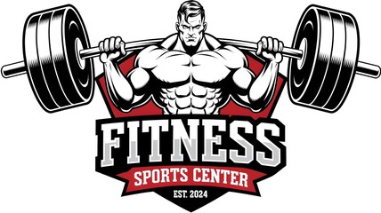 Fitness Center Logo   Strong Man Lifting Weights