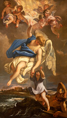 PAVIA, ITALY - SEPTEMBER 8, 2024: The baroque painting of Guardian angel in Basilica di San...