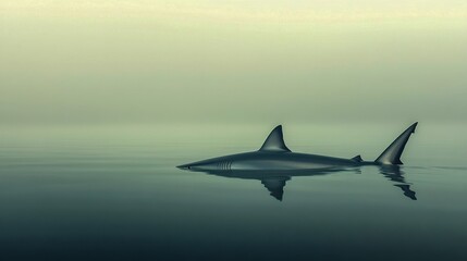 Lone shark fin swimming above calm ocean surface in serene, misty morning