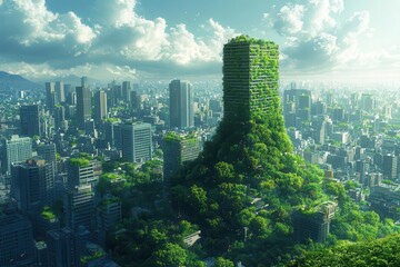 Obraz premium futuristic cityscape brimming with greenery featuring skyscrapers interwoven with parks and ecofriendly spaces creating a harmonious blend of urban life and nature in a stunning digital art display