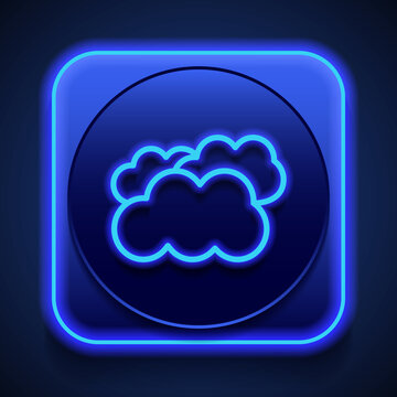Clouds simple icon vector. Flat design. Blue neon style on button. With shadow