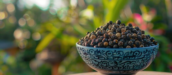Fototapeta premium Peppercorns in a Bowl with Blurred Garden Background