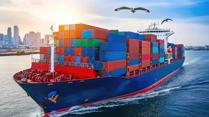 Container Ship Navigating Urban Harbor at Sunset