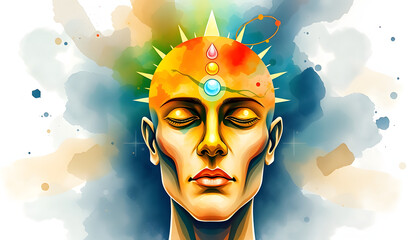 human head chakra power inspiration abstract thinking watercolor painting illustration design hand drawn isolated with white highlights, png