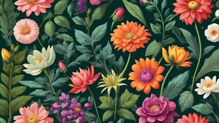 The image is a digital illustration of a variety of colorful flowers and plants
