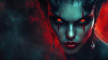 A fierce, demonic figure with glowing eyes and dark makeup against a smoky red backdrop.