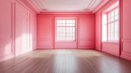 Fototapeta premium Empty Pink Room with Hardwood Floor and Windows