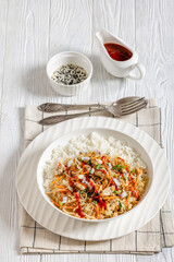 tofu egg roll in a bowl with jasmine rice