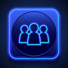 Community, people simple icon. Flat design. Blue neon style on button. With shadow