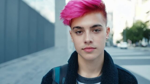 Pink-haired teenager standing confidently in a city street, radiating boldness and self-expression, showcasing modern urban fashion and youthful spirit