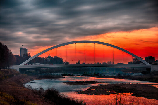 Meier bridge across the Tanaro River at sunset, Alessandria, Piedmont, Italy