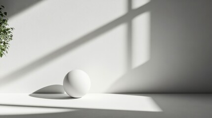 Minimalist room with sunlight casting shadows on white wall and sphere