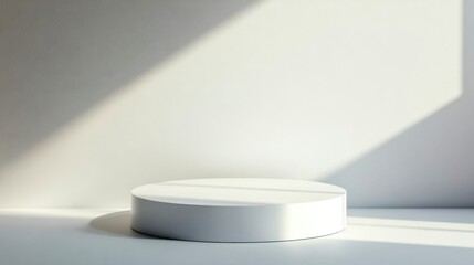Minimalist white circular podium in sunny room with dramatic shadows