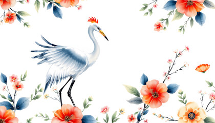 Watercolor crane with flowers pattern isolated with white highlights, png