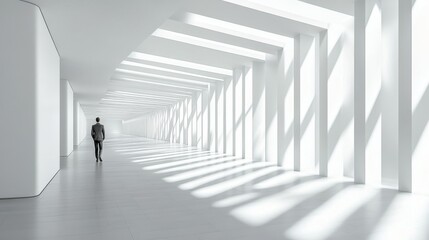 People in the architectural perspective. The sloping lines of the architecture. The man in the suit comes in a bright corridor in a modern building